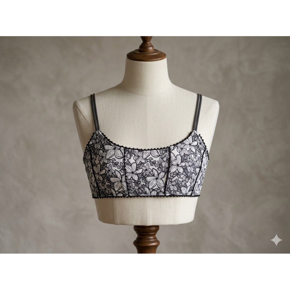 Elysian Swim Floral Longline Bikini Top Bra Black White L Top Only